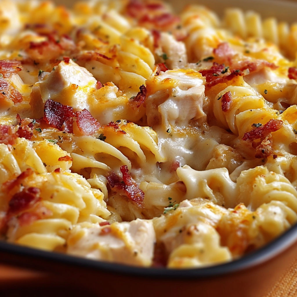 A delicious pasta dish with chicken and bacon, topped with cheese and herbs.
