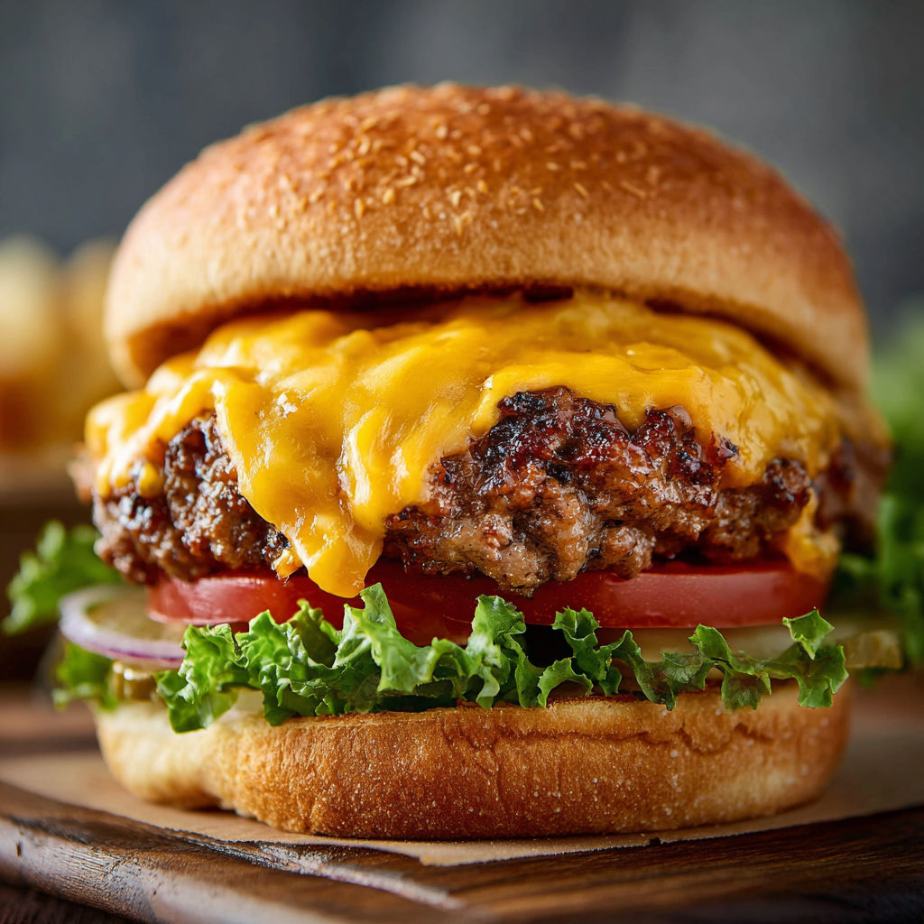 A close up of a cheeseburger with lettuce, tomato, and onion, served on a wooden table.