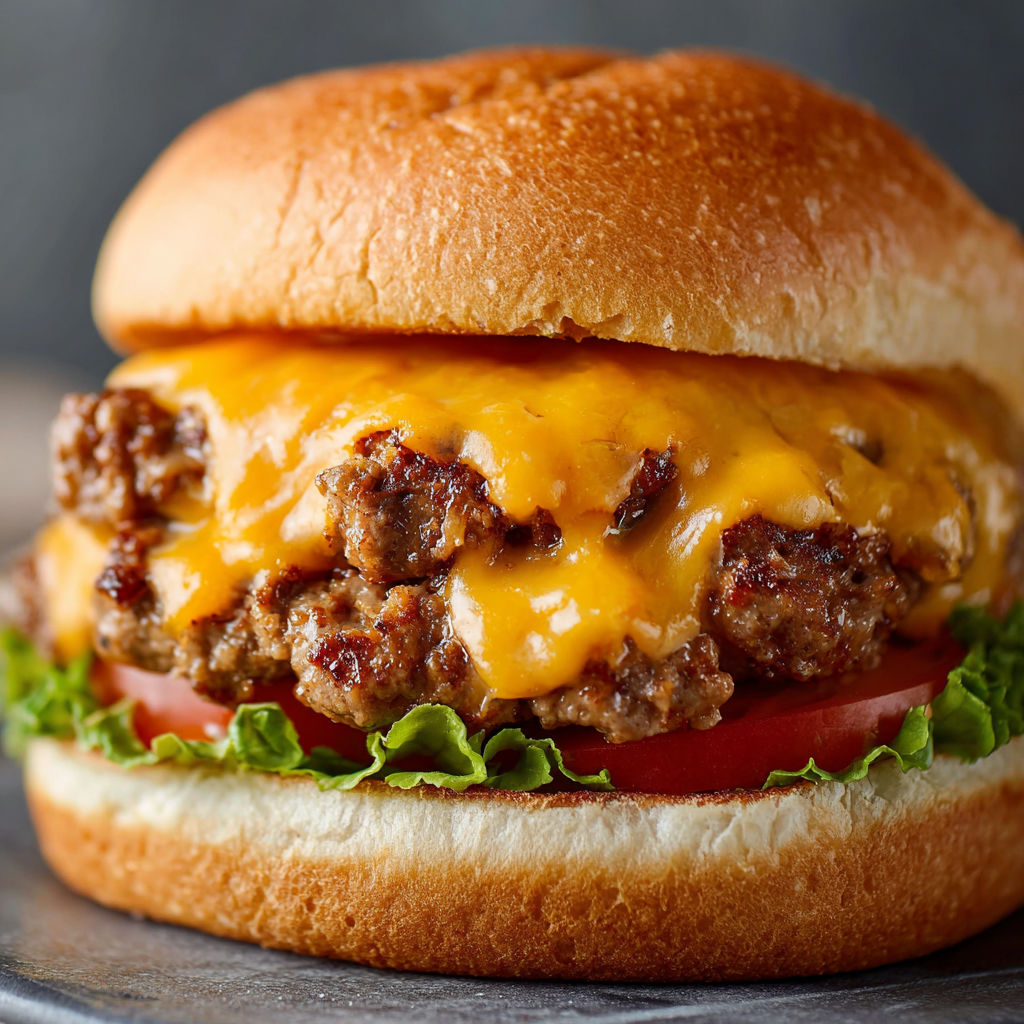 A close up of a cheeseburger with lettuce, tomato, and cheese.