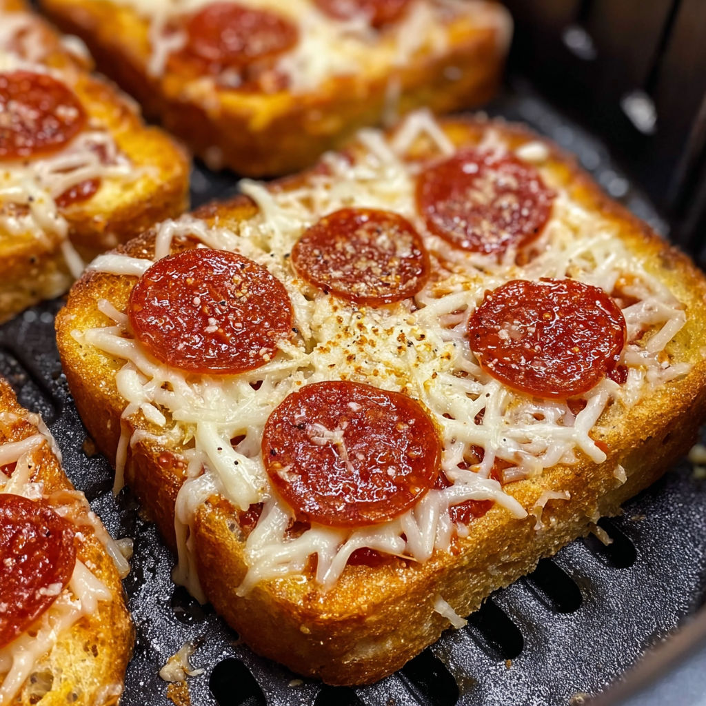 A close up of a Texas Toast Pizza Air Fryer with pepperoni and cheese.
