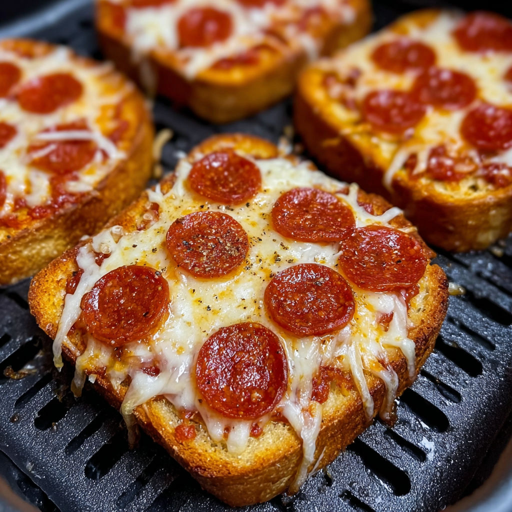 A close-up of a Texas Toast Pizza Air Fryer, with pepperoni and cheese toppings.