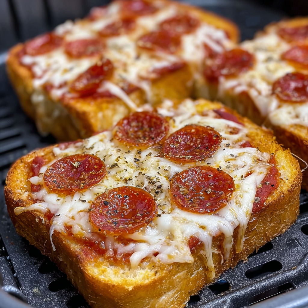 A slice of Texas Toast Pizza Air Fryer, topped with pepperoni and cheese, is cooked and ready to be served.