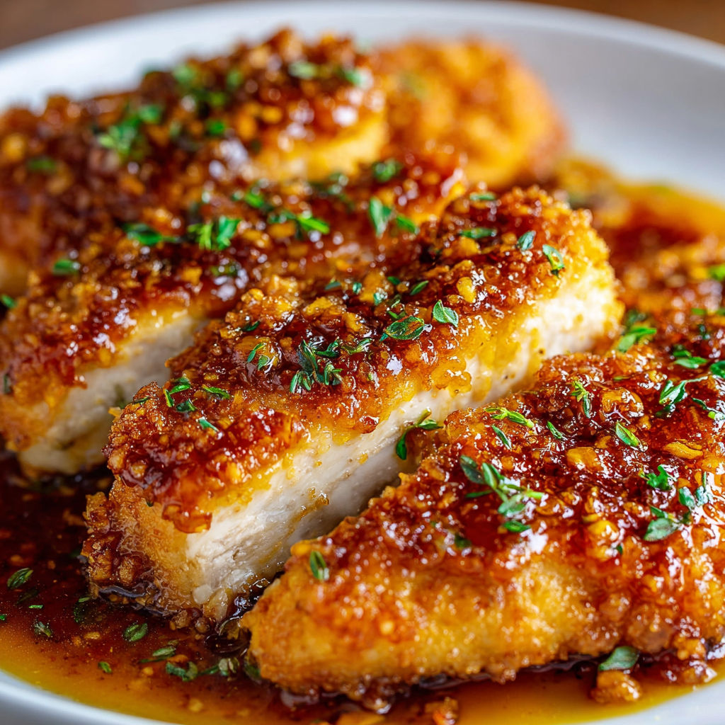 A plate of chicken with a brown sauce and herbs on top.