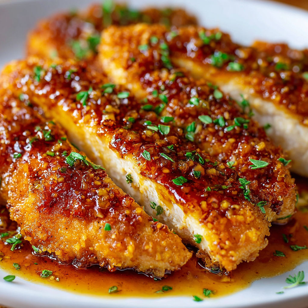 A plate of chicken with a brown sauce and green herbs on top.