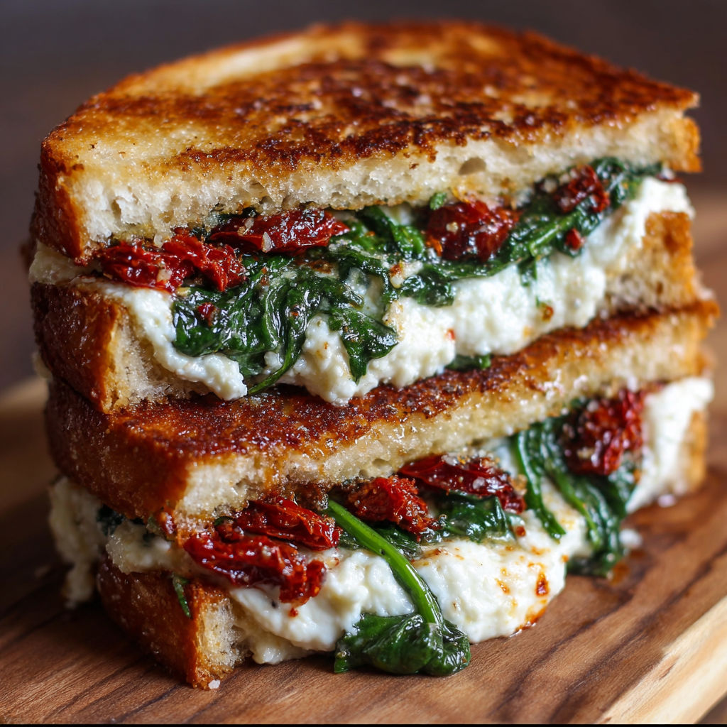 A delicious grilled cheese sandwich with spinach and sun-dried tomatoes.