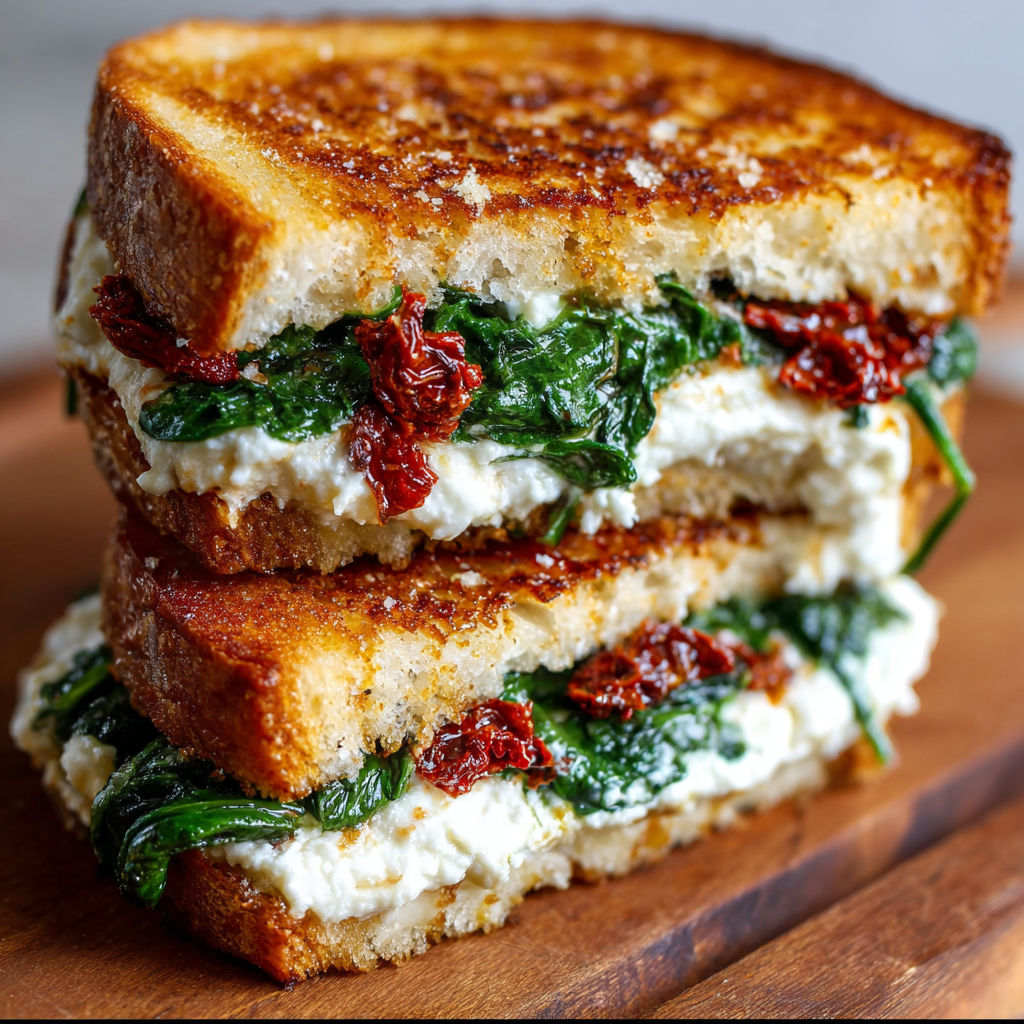 A delicious grilled cheese sandwich with spinach and sun-dried tomatoes.