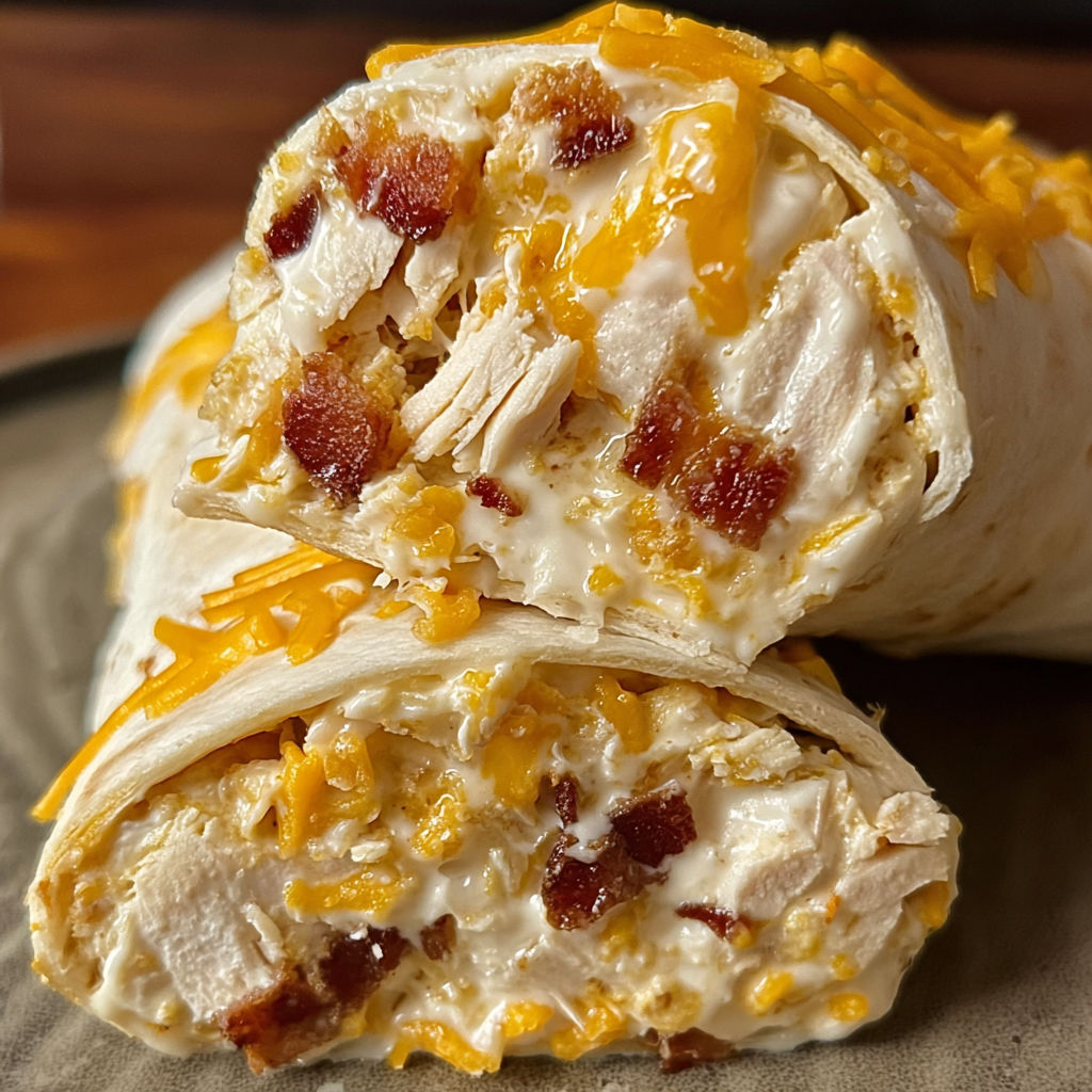 A delicious chicken and cheese burrito is shown, with the cheese and chicken filling visible.