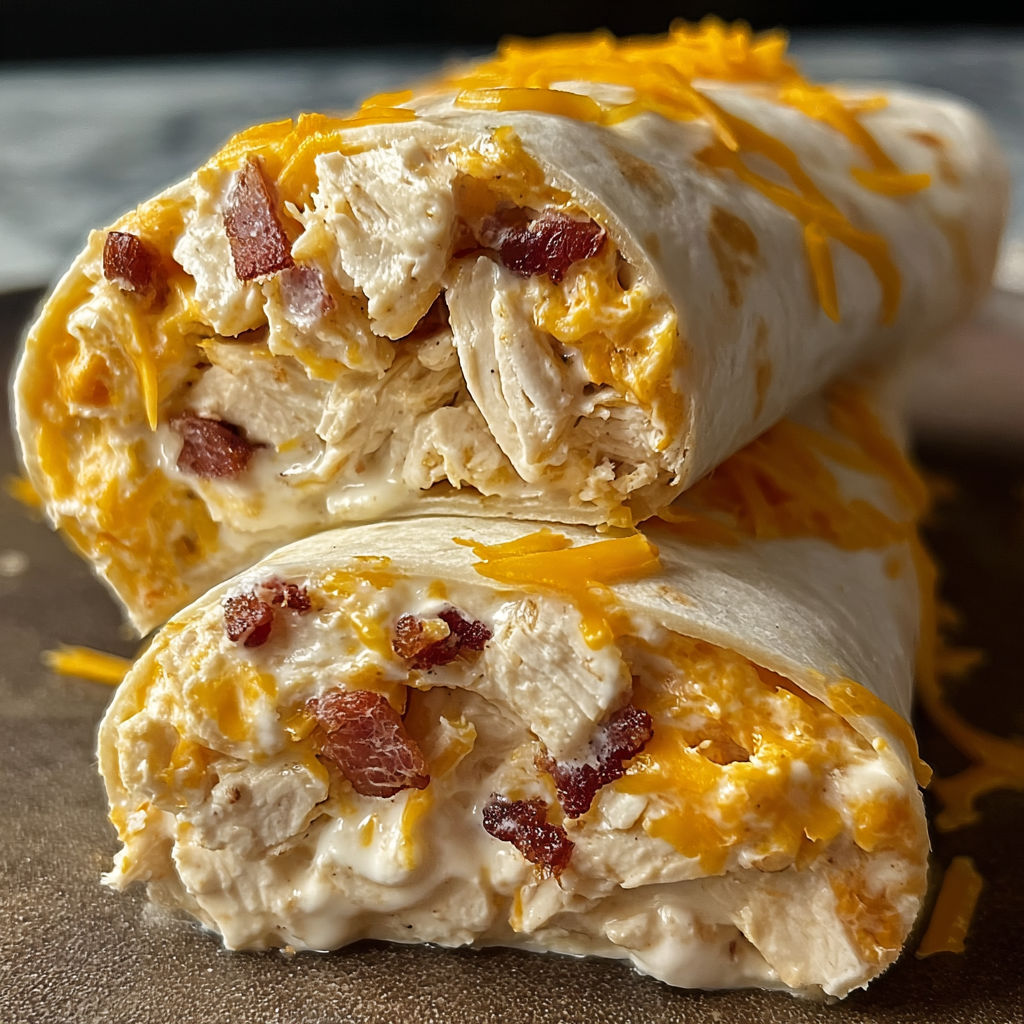 A delicious chicken and bacon wrap is ready to be eaten.
