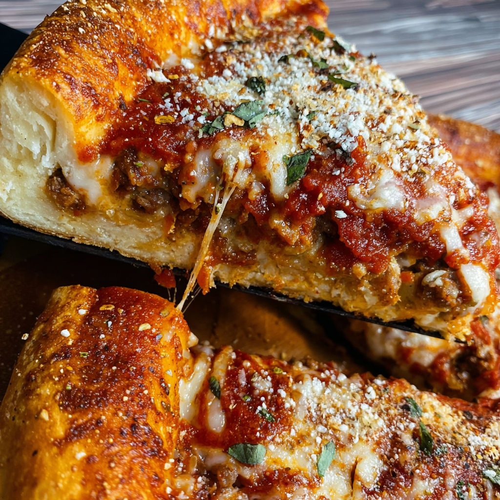A slice of deep dish pizza with tomato sauce and cheese.