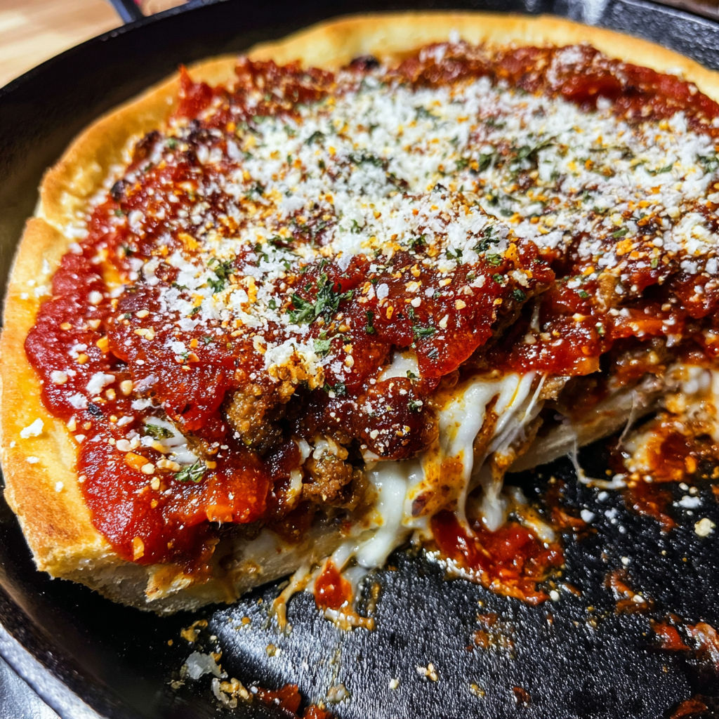 A close up of a deep dish pizza with a generous amount of cheese and tomato sauce.