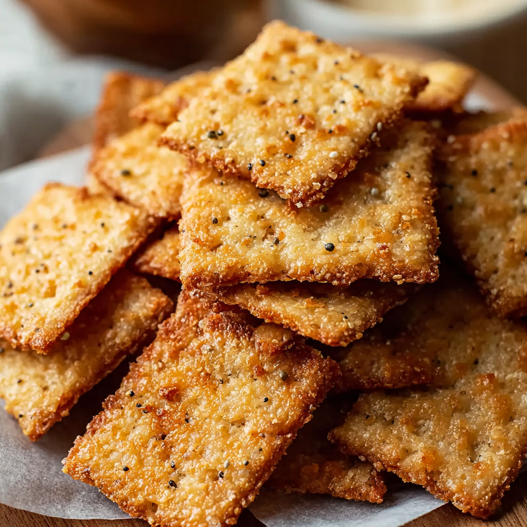 A stack of crispy, cheesy crackers on a wooden cutting board.