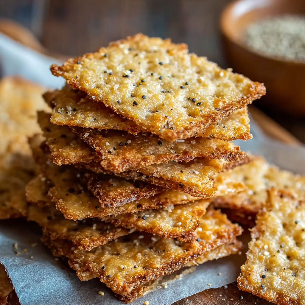 A stack of crispy, golden brown crackers with black seeds on top, ready to be enjoyed with a delicious dip.