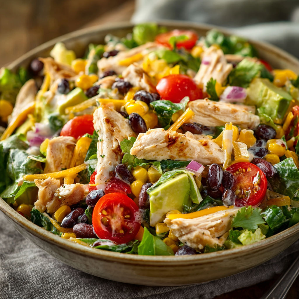 A bowl of Zesty Southwest Chicken Salad is displayed on a table.