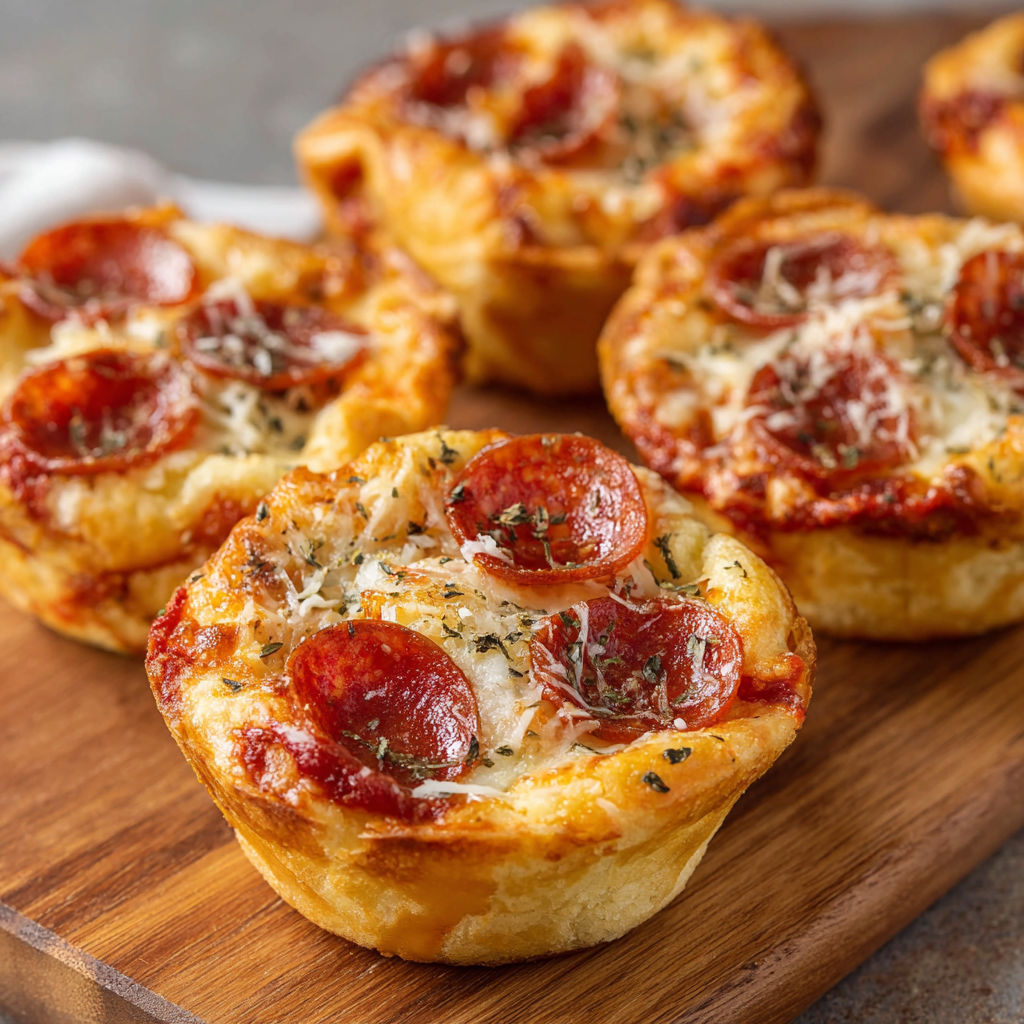 A plate of mini pizza pot pies with cheese and pepperoni toppings.