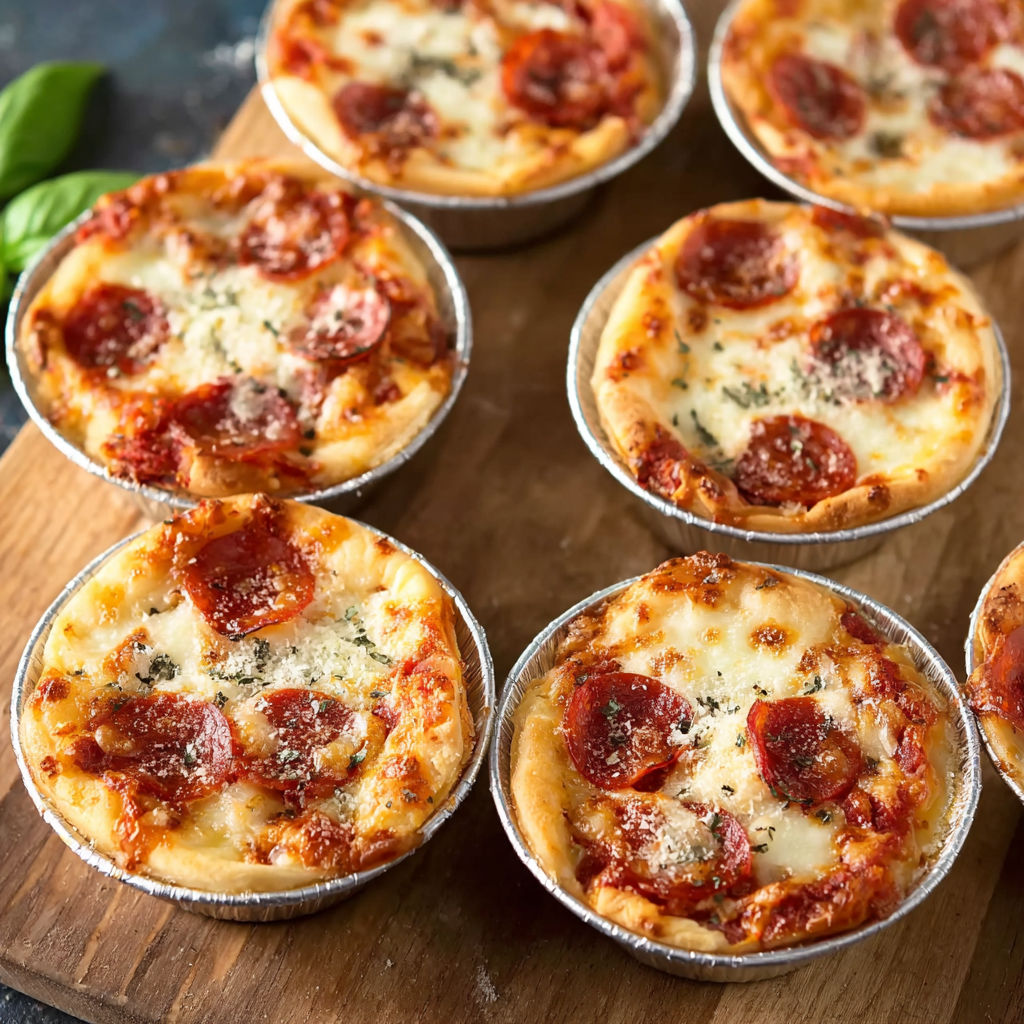 A tray of mini pizza pot pies with cheese and pepperoni toppings.