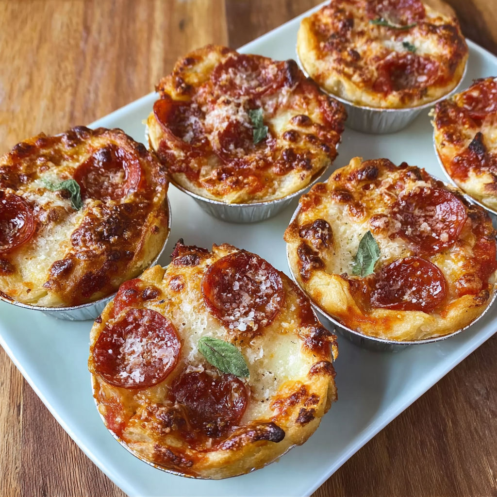 A plate of mini pizza pot pies, each with a slice of pepperoni and cheese.