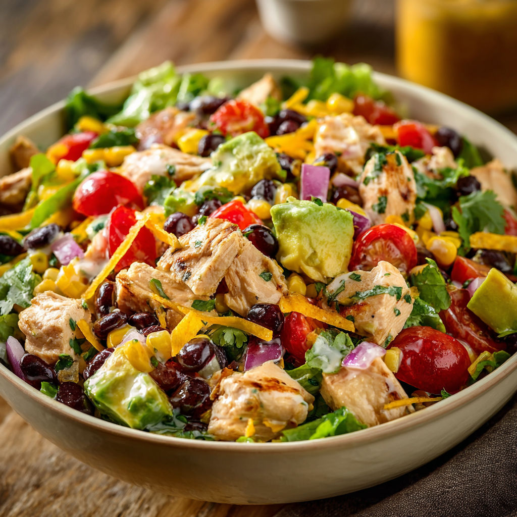 A bowl of chicken salad with a variety of vegetables, including tomatoes, onions, and avocado.