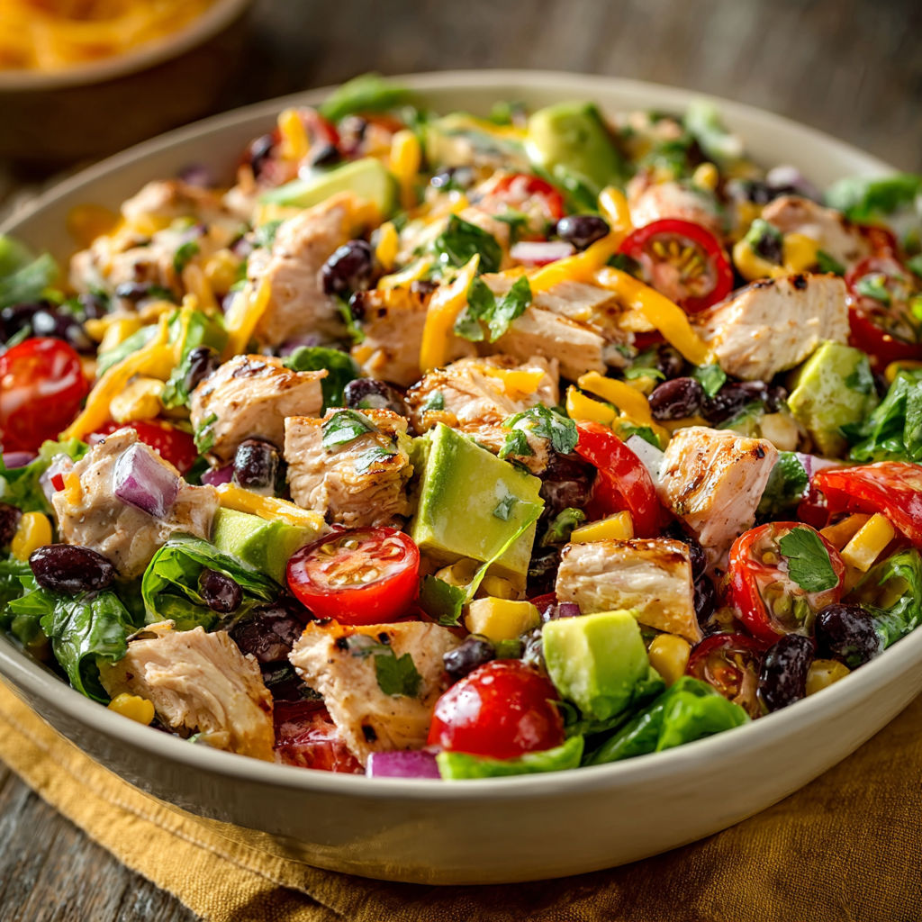 A bowl of chicken, tomatoes, avocado, and black beans is displayed on a wooden table.