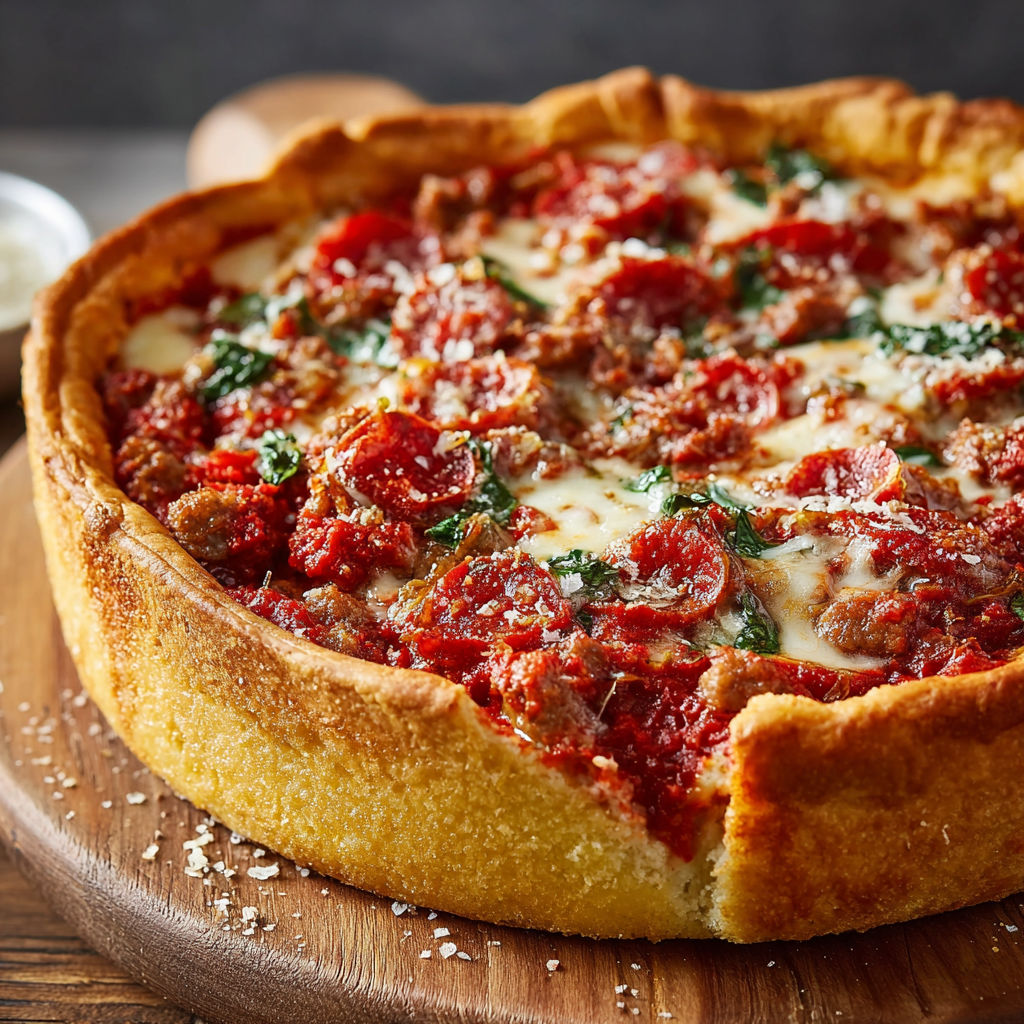 A Chicago Deep-Dish Pizza with a generous amount of toppings, including pepperoni and sausage, is served on a wooden platter.
