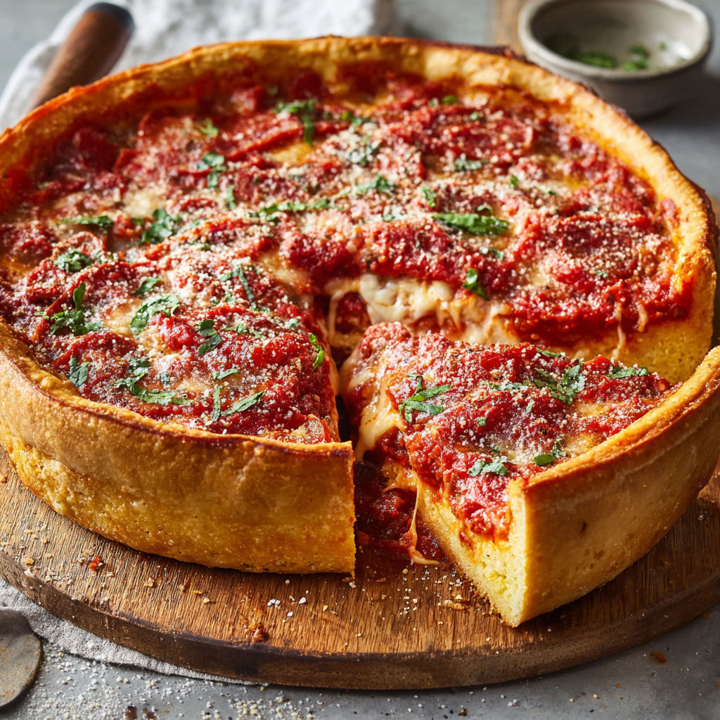 A deep dish pizza with a thick crust and generous amount of sauce and cheese.