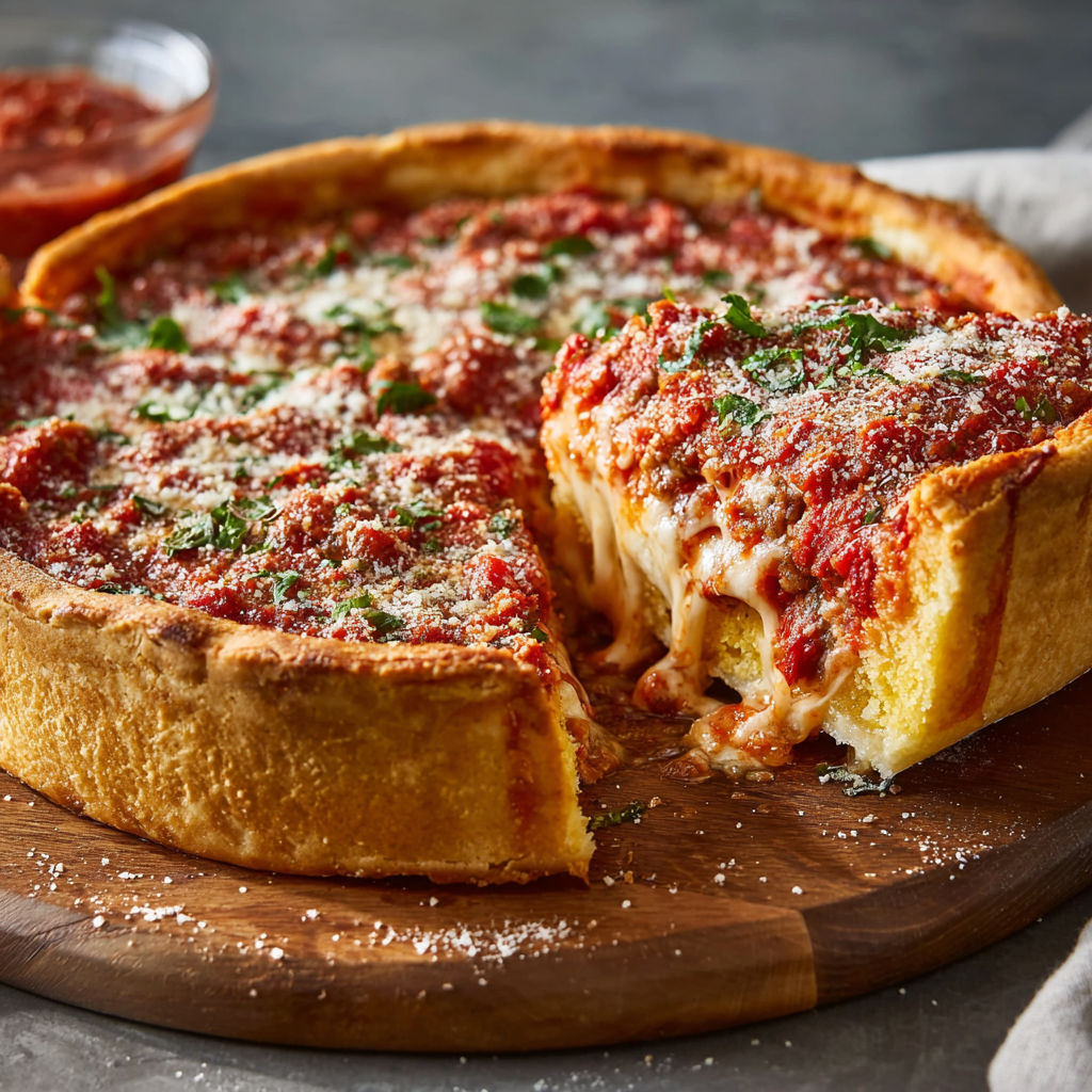 A slice of deep dish pizza with cheese and sauce on a wooden cutting board.