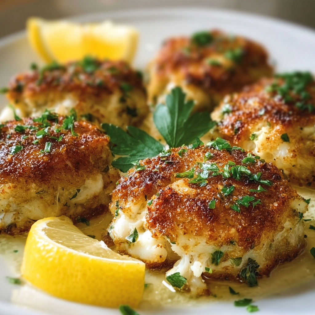 A plate of crab cakes with lemon wedges on the side.
