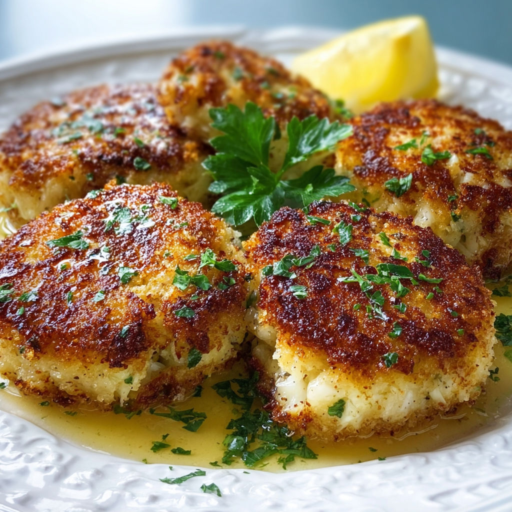 A plate of crab cakes with a lemon wedge on top.