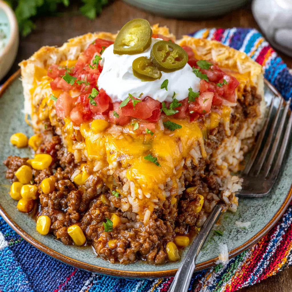 A delicious deep dish taco pie is served on a plate, topped with cheese, tomatoes, and jalapenos.
