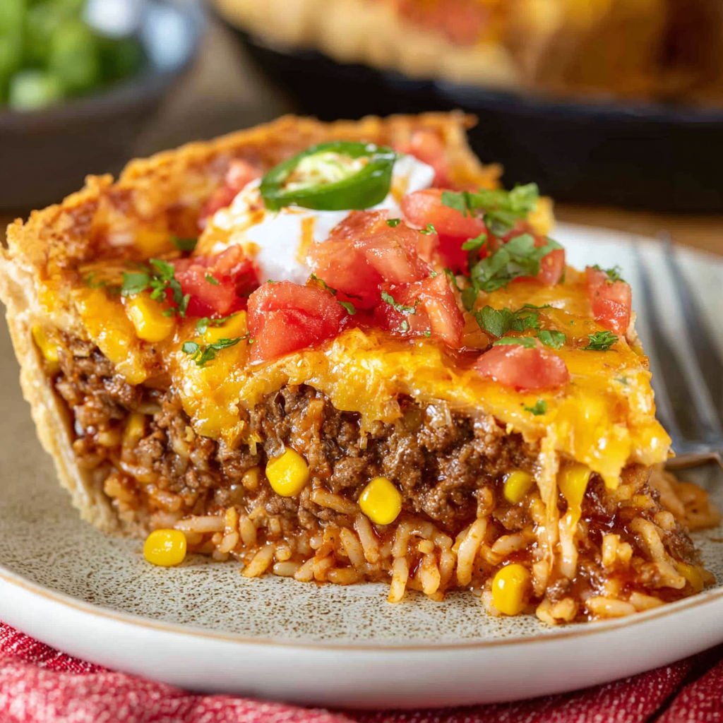 A slice of deep dish taco pie with tomatoes and cheese on a plate.