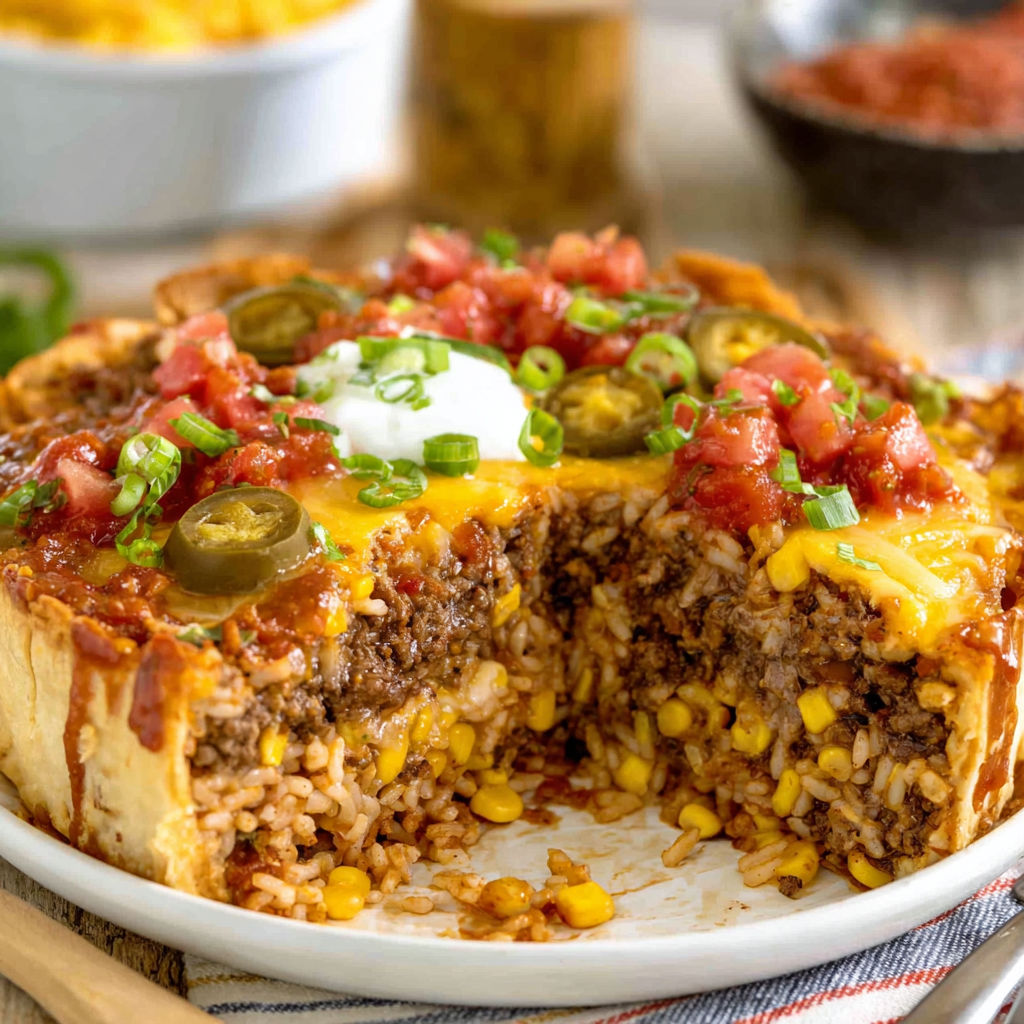 A delicious deep dish taco pie filled with meat, cheese, and vegetables, ready to be enjoyed.