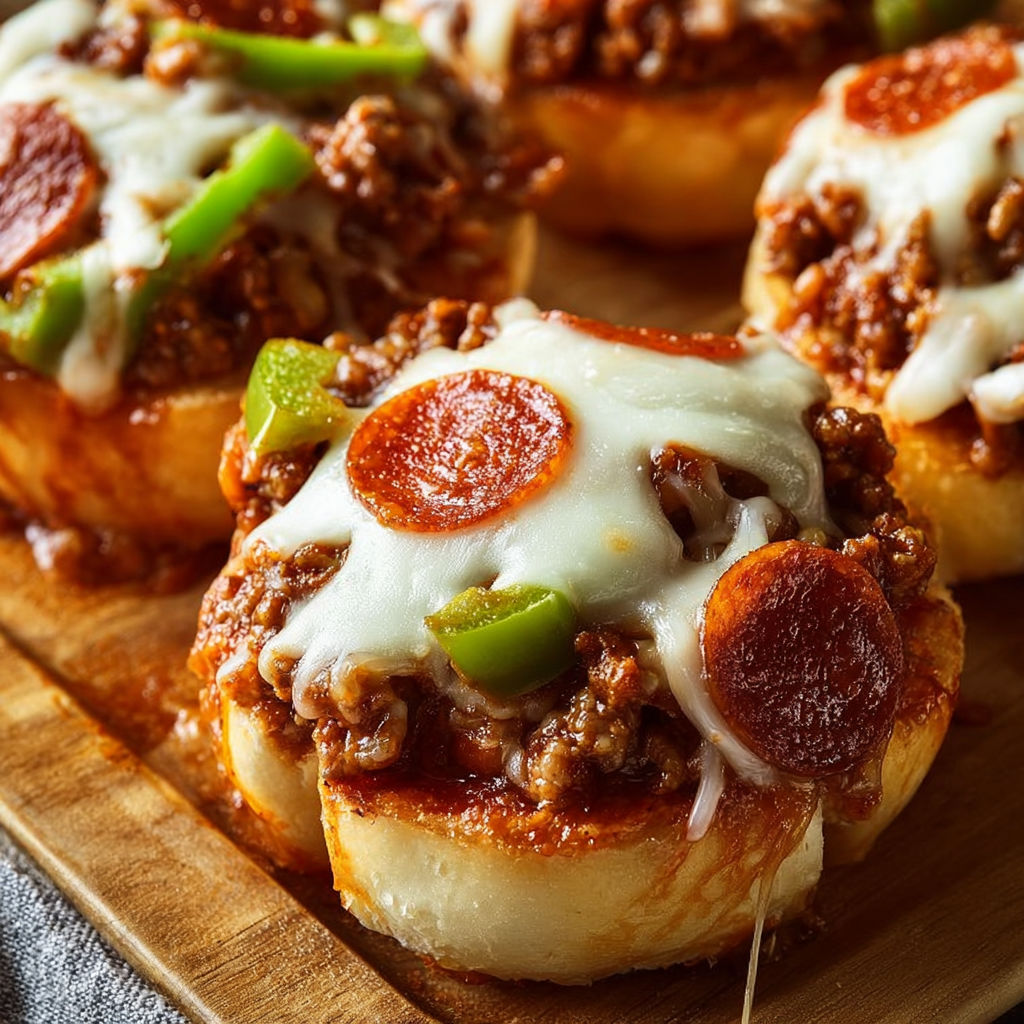 A plate of Pepperoni Pizza Sloppy Joes, served on a wooden platter.