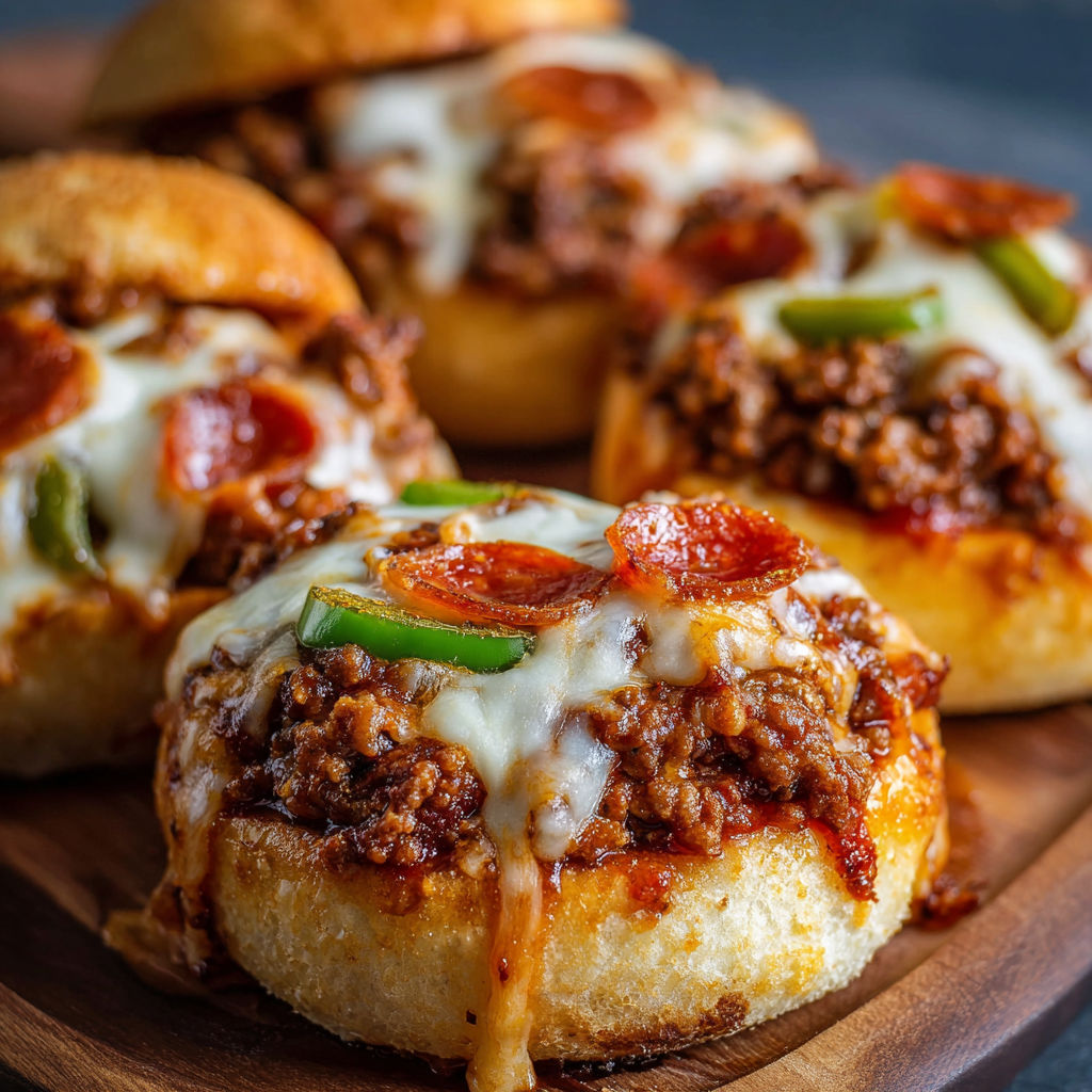 A plate of Pepperoni Pizza Sloppy Joes is displayed on a wooden table.