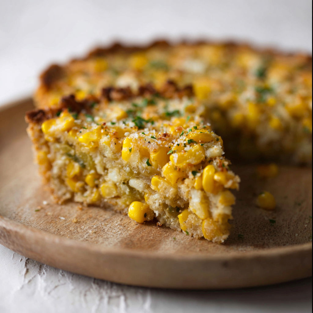 A slice of Mexican Street Corn Pie on a wooden cutting board.