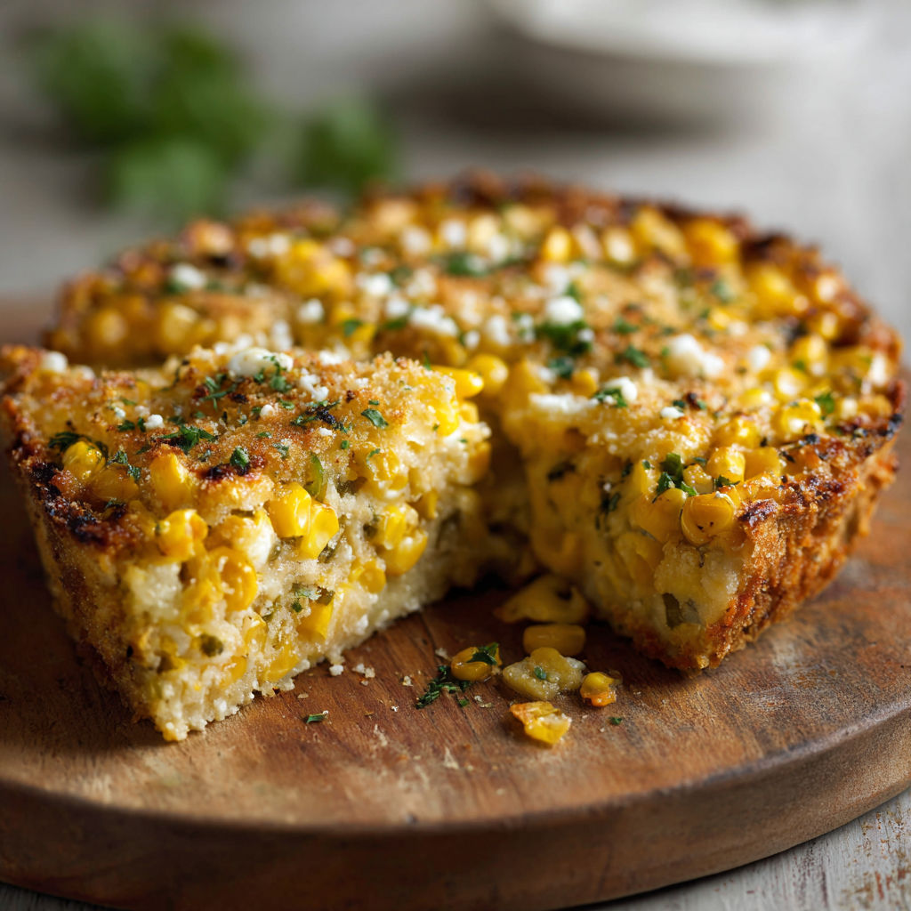 A slice of corn bread with corn and cheese on top.