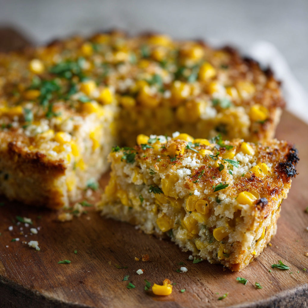 A slice of corn bread with corn and cheese on top.