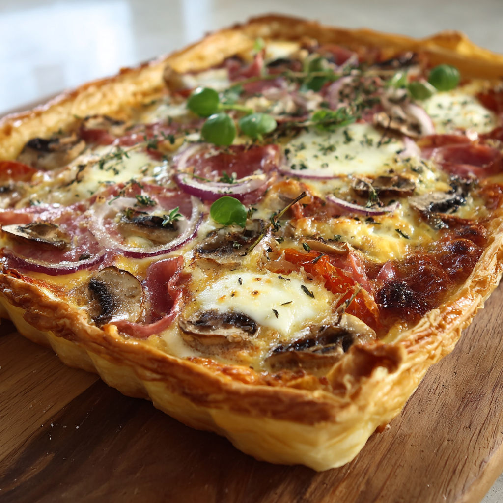 A delicious Supreme Pizza Pie with mushrooms, onions, and peppers, all topped with cheese.