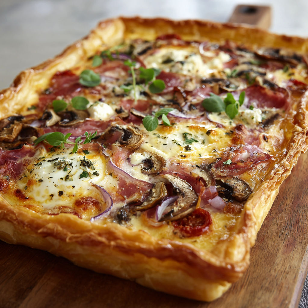 A delicious mushroom and cheese pizza is displayed on a wooden cutting board.