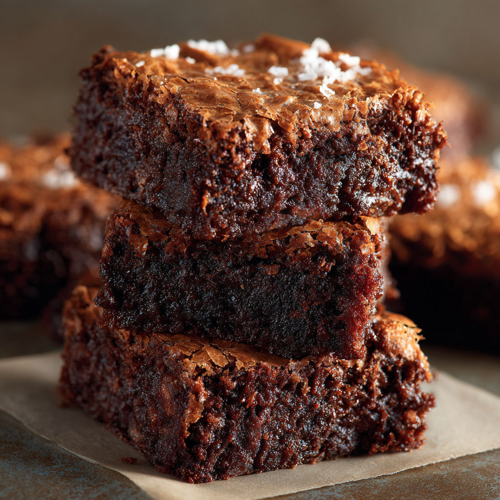 Three pieces of German Chocolate Brownies with a sprinkle of salt on top.