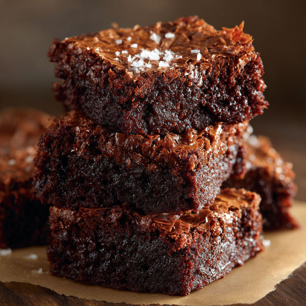 A stack of German Chocolate Brownies with a sprinkle of powdered sugar on top.