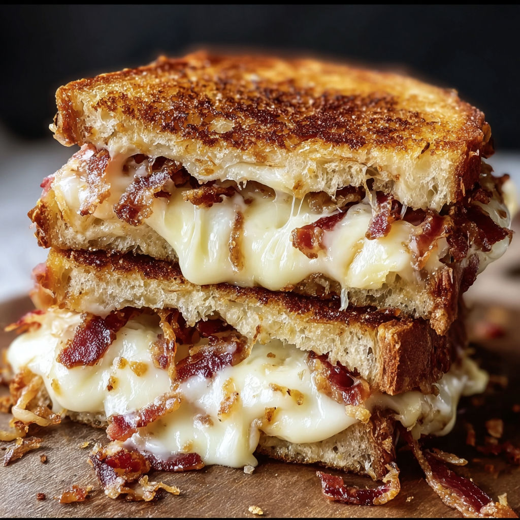 A close-up of a Triple Cheese Bacon Ranch Melt sandwich, with the cheese and bacon visible on top.