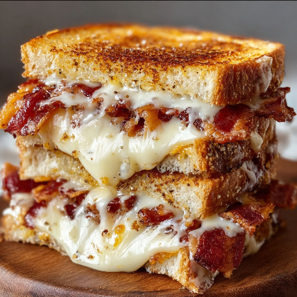 A stack of bacon and cheese sandwiches on a wooden cutting board.
