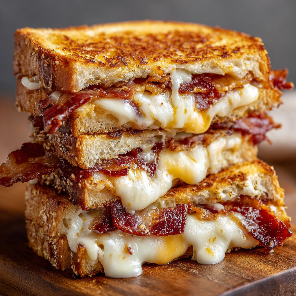 A stack of grilled cheese sandwiches with bacon on a wooden cutting board.