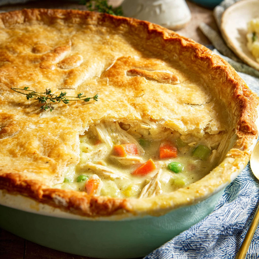 A delicious Chicken Pot Pie with a golden crust and a filling of chicken, carrots, and peas.