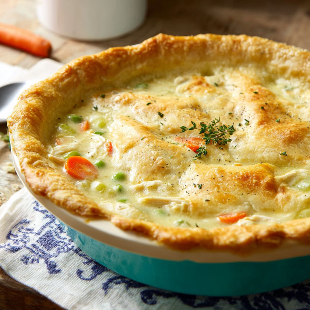 A delicious chicken pot pie with a golden crust and a filling of chicken, peas, and carrots.