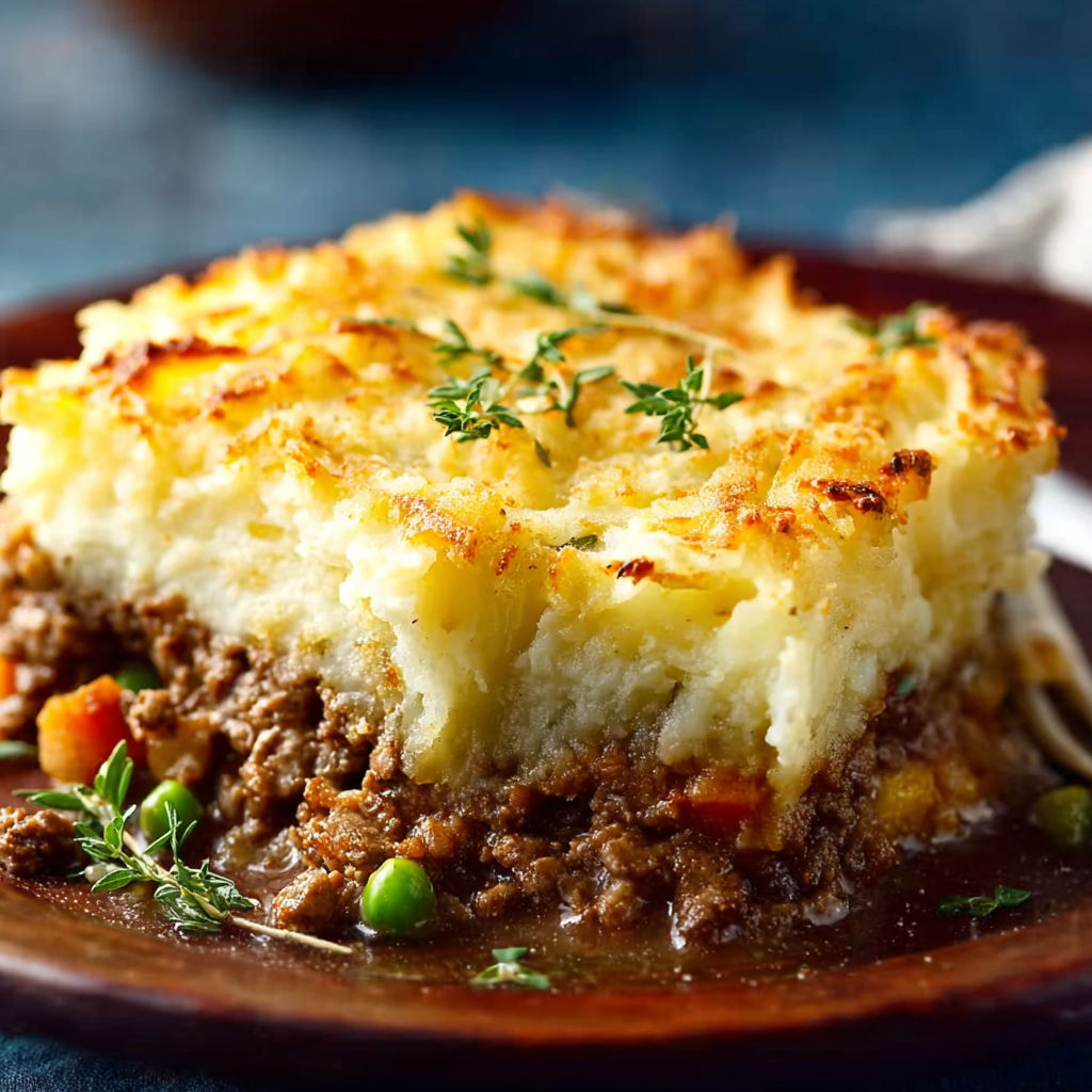 A delicious Shepherd's Pie is served on a plate, topped with a generous amount of meat and vegetables.