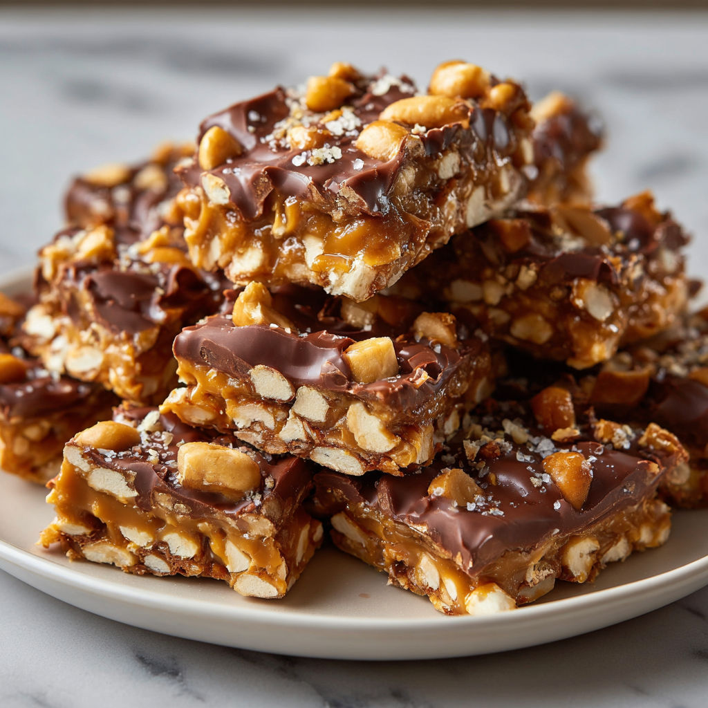 A plate of Peanut Butter Pretzel Clusters is displayed on a table.