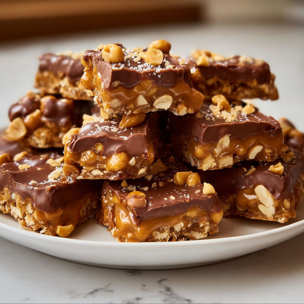 A plate of Peanut Butter Pretzel Clusters is displayed on a table.