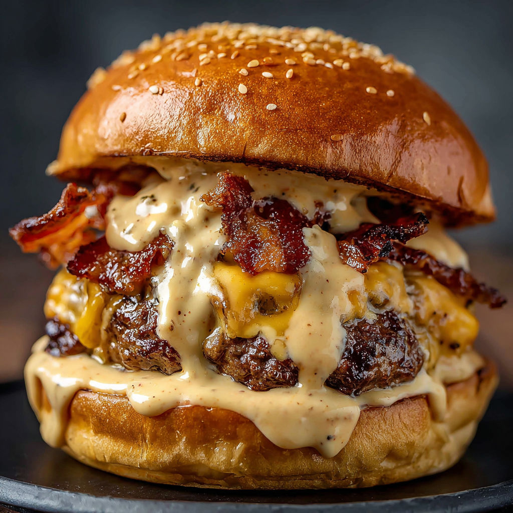 A close-up of a delicious Ultimate Cheesy Bacon Burger, with melted cheese and crispy bacon, all on a toasted bun.