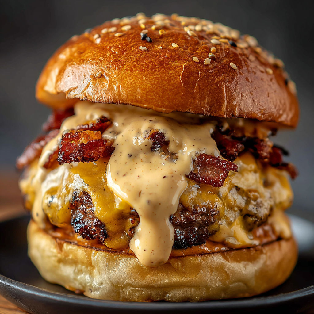 A close-up of a bacon cheeseburger with a generous amount of sauce, served on a bun.