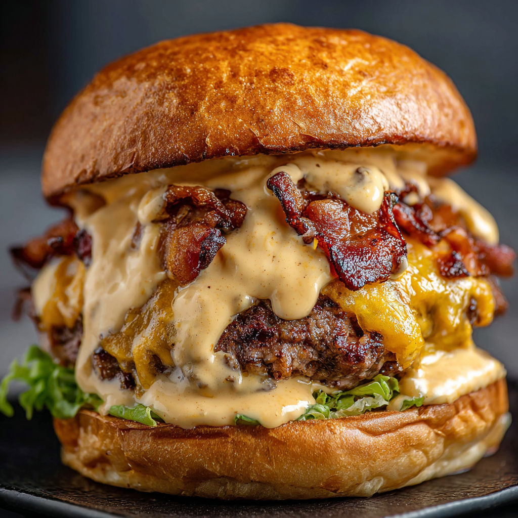 A close up of a bacon cheeseburger with a generous amount of sauce.
